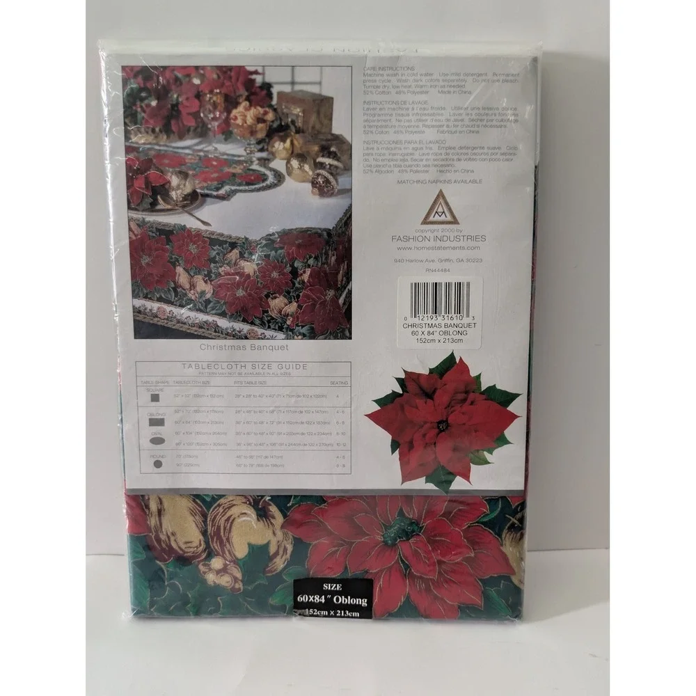 Fashion Classics Christmas Banquet Poinsettia Tablecloth 60x84 Oblong New